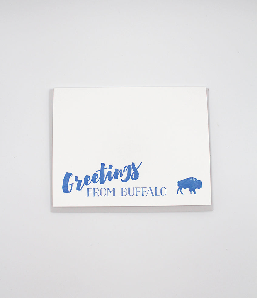 Letterpress greeting card with blue buffalo that reads "Greetings from Buffalo" by Rust Belt Love