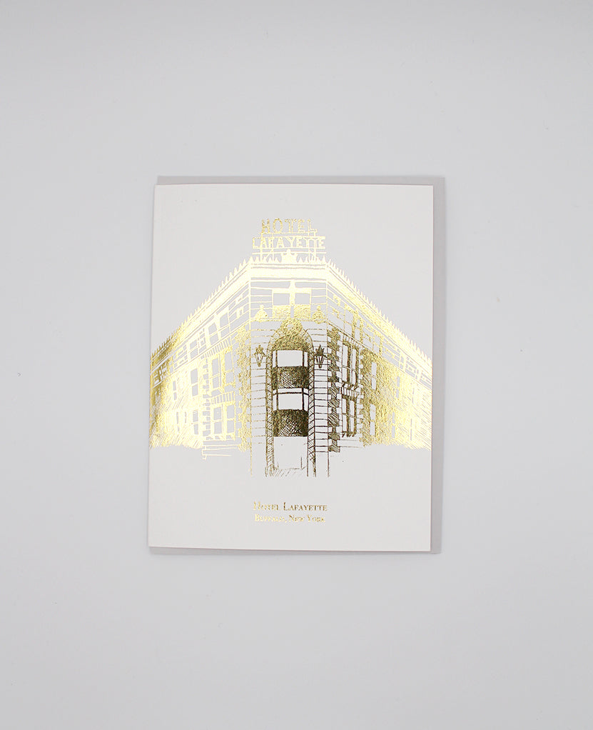 Digital gold foil printed Buffalo, NY landmark card of Hotel Lafayette