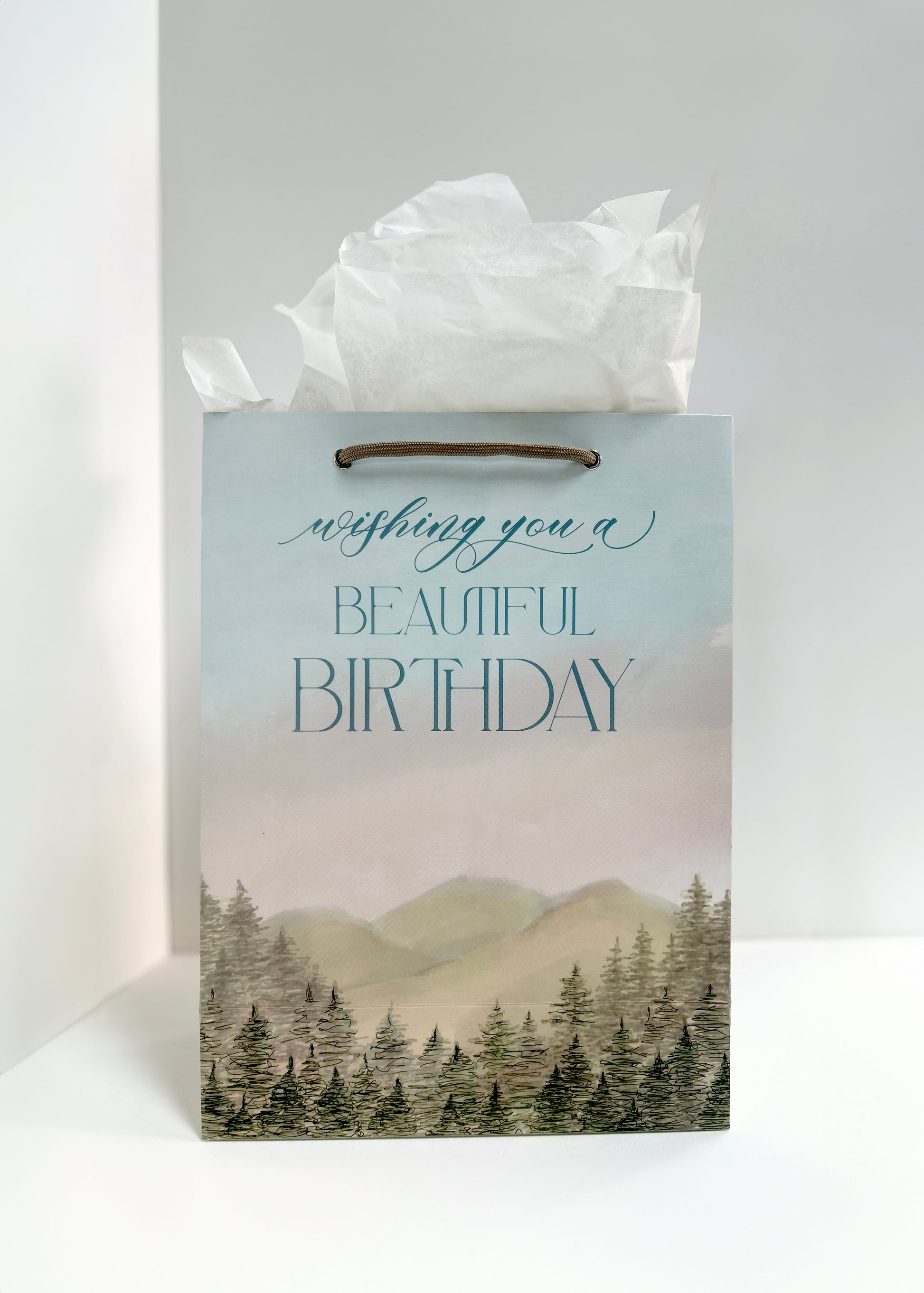 Standing photo of Rust Belt Love's birthday bag with mountain and tree illustrations that reads "Wishing you a beautiful birthday"