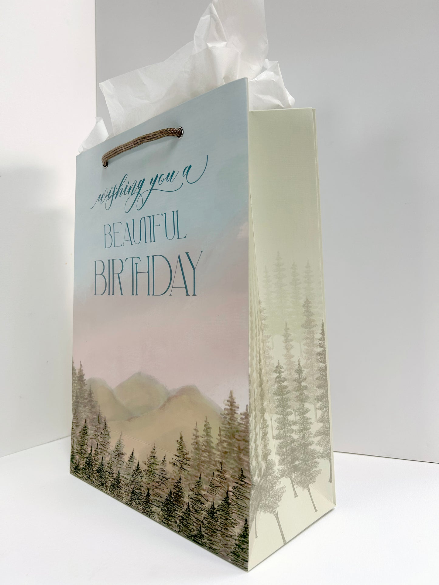 Standing photo of Rust Belt Love's birthday bag with mountain and tree illustrations that reads "Wishing you a beautiful birthday"