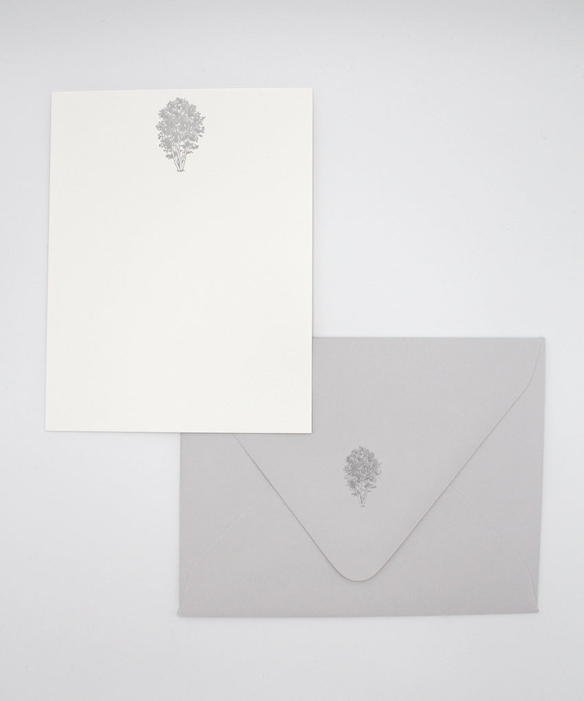 Letterpress flat note card with a grey birch tree by Rust Belt Love