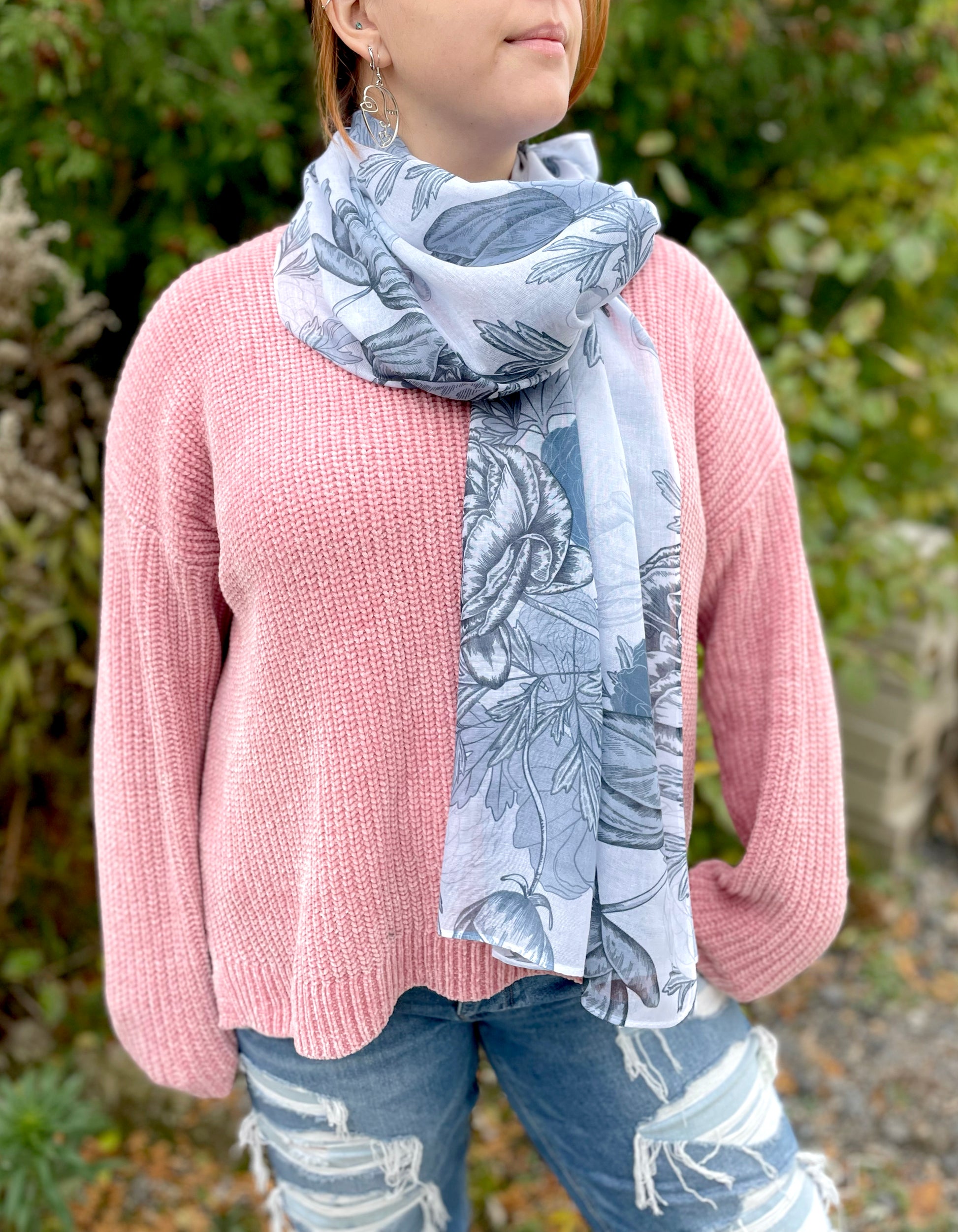 Woman modeling blue grey floral scarf by Rust Belt Love