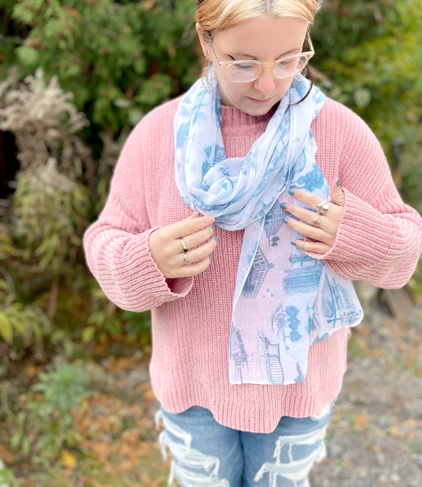 Woman modeling our Toile de Buffalo scarf 