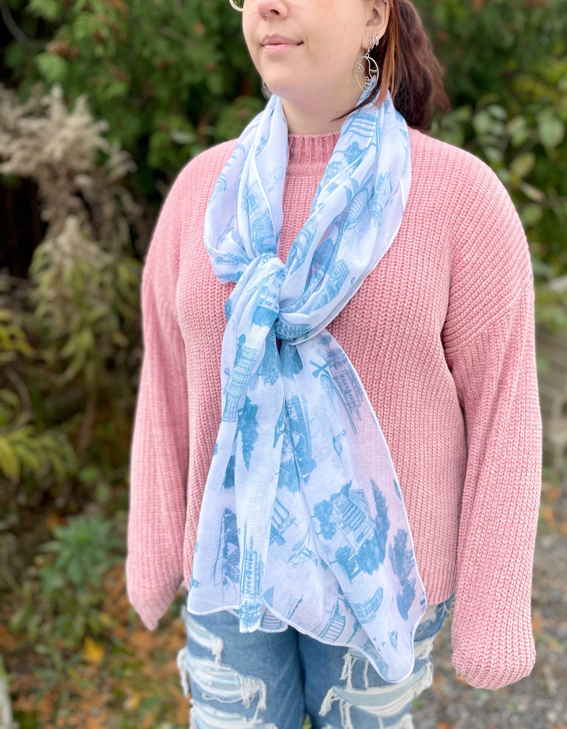 Woman modeling our Toile de Buffalo scarf 