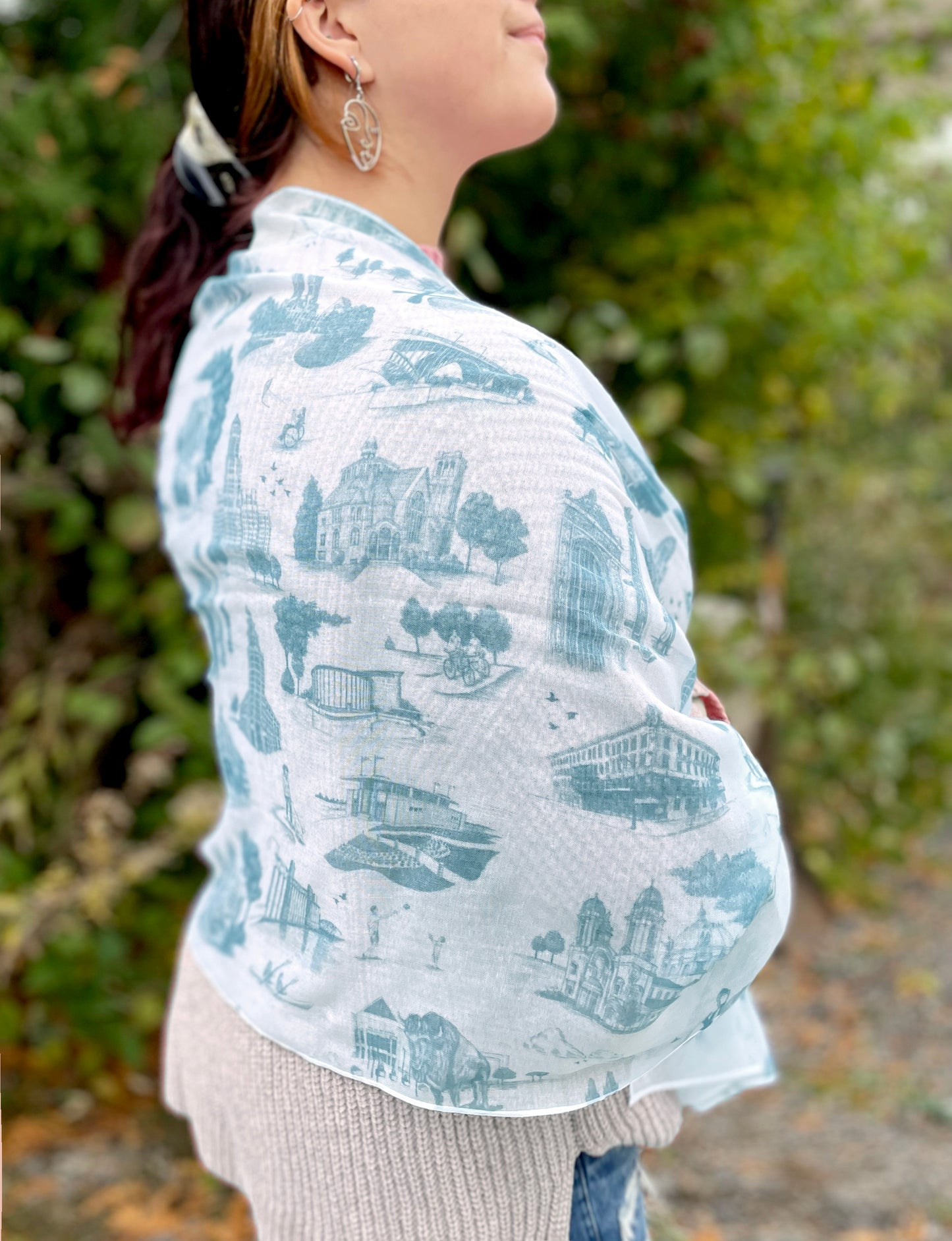 Woman modeling our Toile de Buffalo scarf 