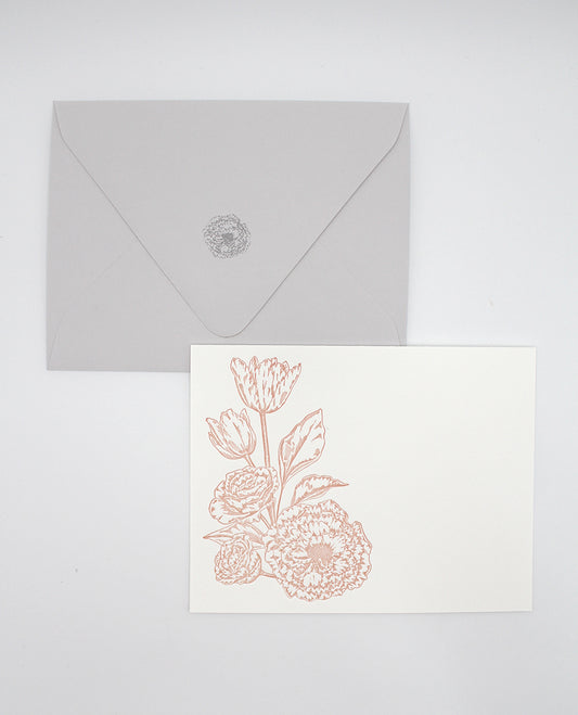 Letterpress flat note card with a peach floral bouquet and matching printed grey envelope by Rust Belt Love