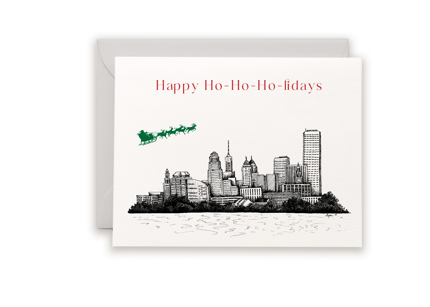 Letterpress Buffalo holiday card with the skyline on it that reads " Happy ho-ho-ho-lidays" by Rust Belt Love