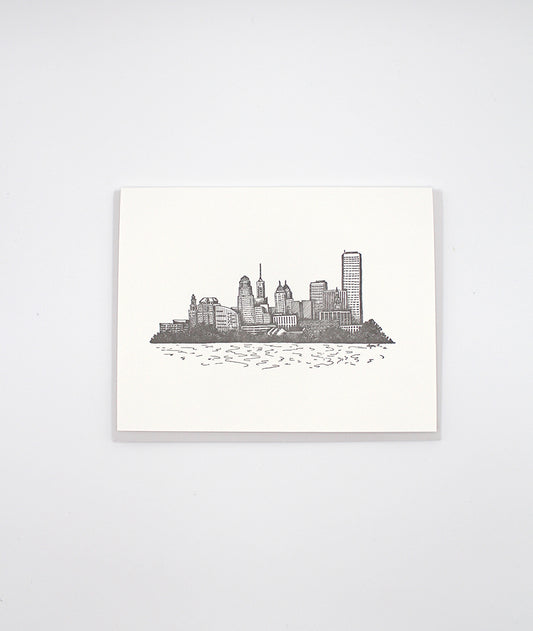 Letterpress card with black inked buffalo city skyline by Rust Belt Love.