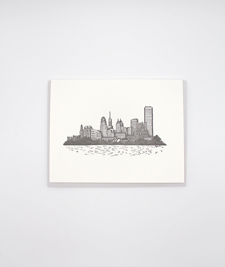 Letterpress card with black inked buffalo city skyline by Rust Belt Love.