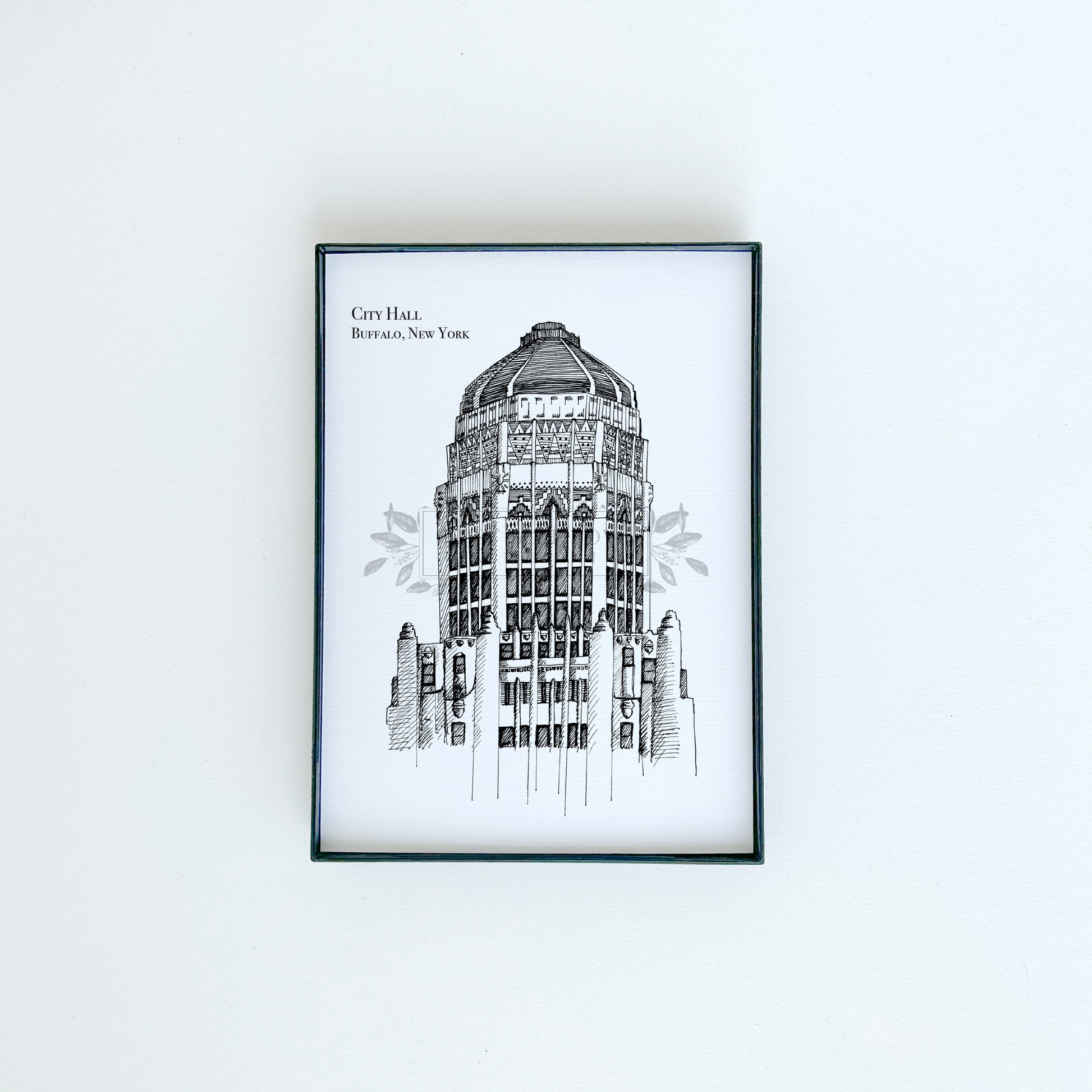 City Hall illustration in black ink on white paper by Rust Belt Love