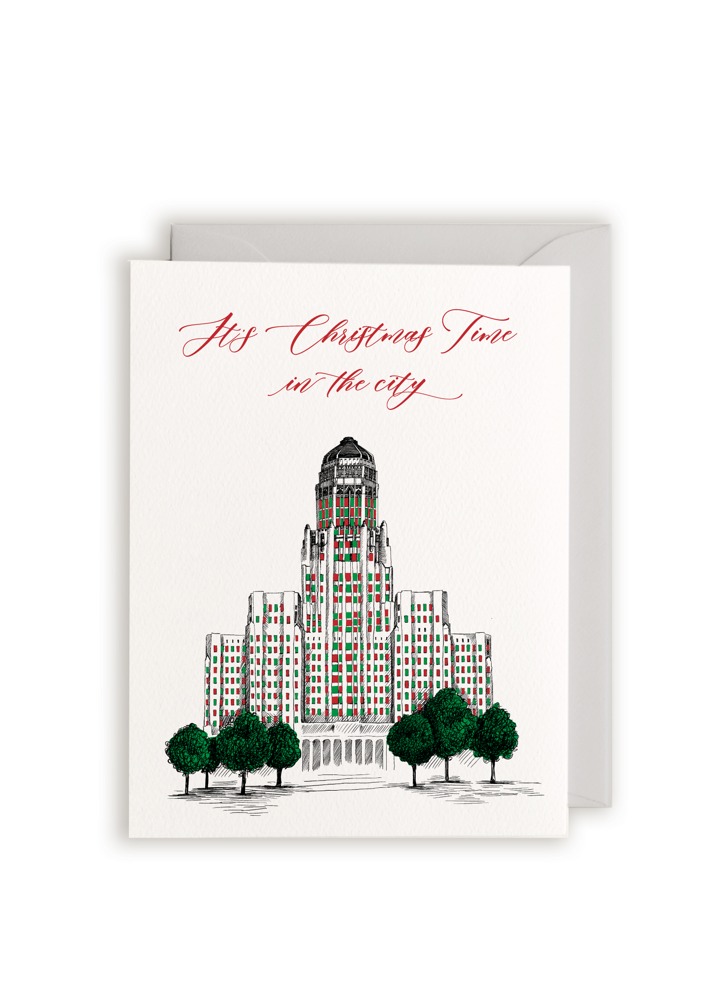 Letterpress holiday Buffalo card with City Hall on it that says " It's christmas time in the city" by Rust Belt Love