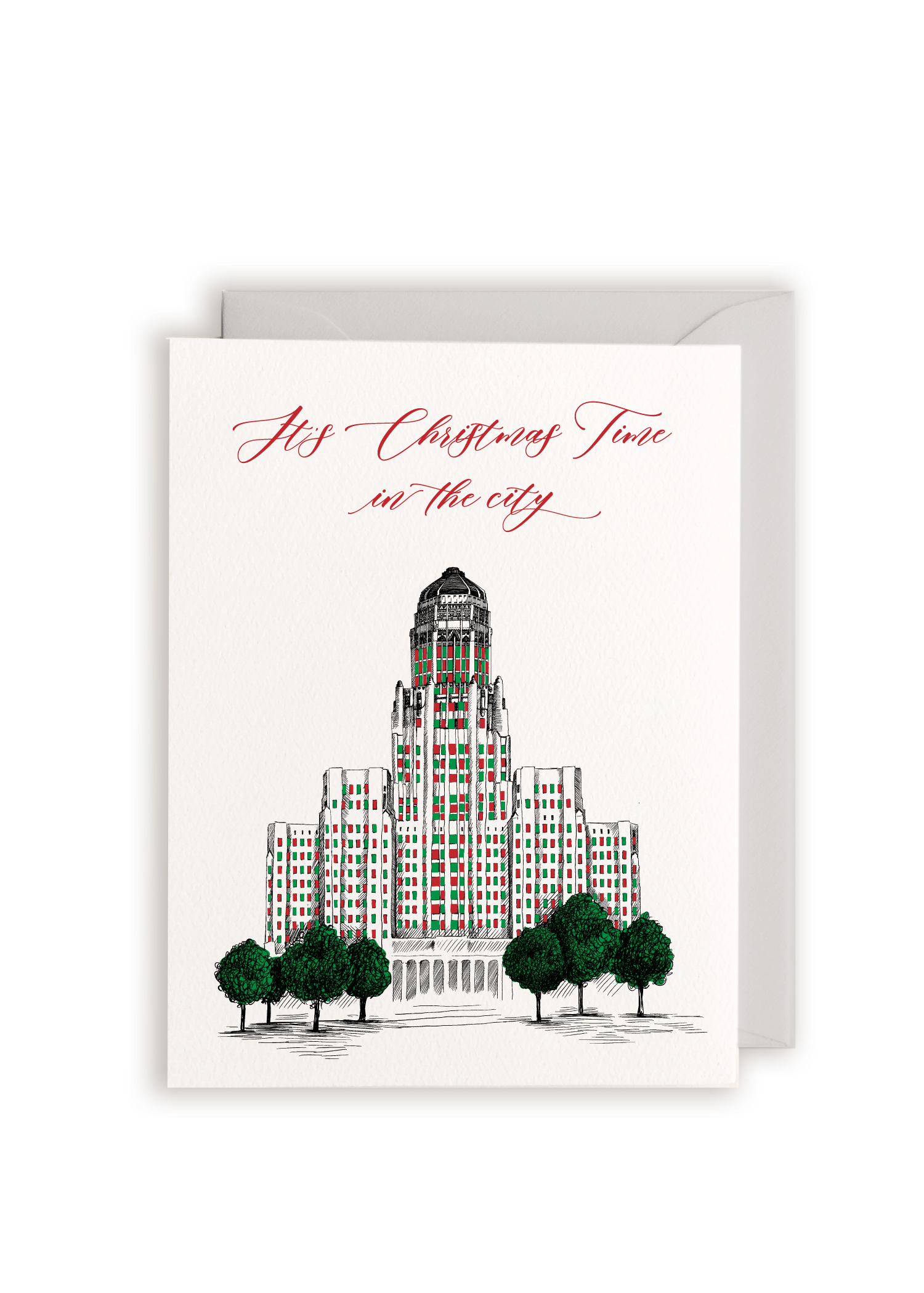 Letterpress holiday Buffalo card with City Hall on it that says " It's christmas time in the city" by Rust Belt Love