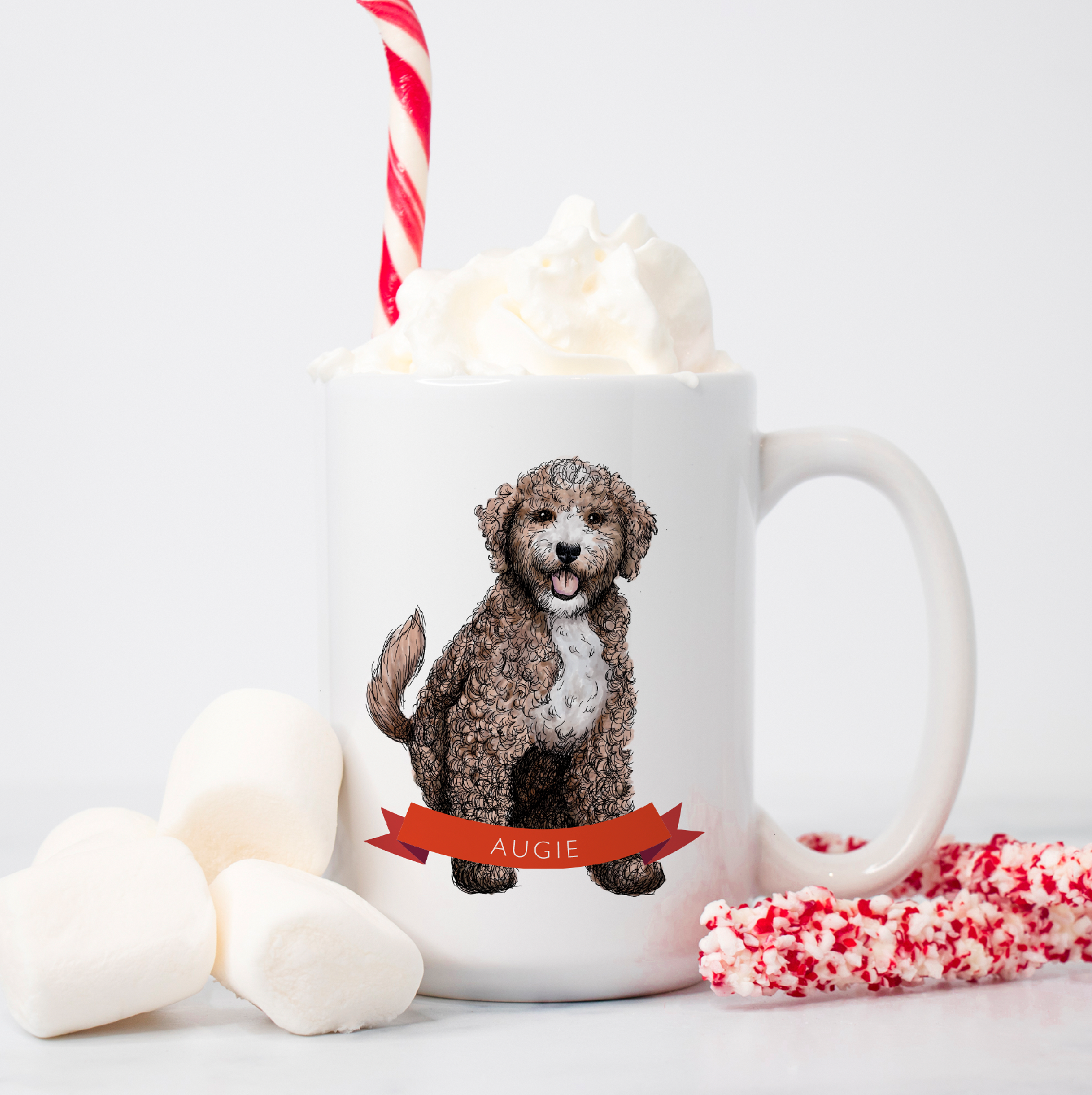 Custom white ceramic mug with  dog illustration that reads "Augie"