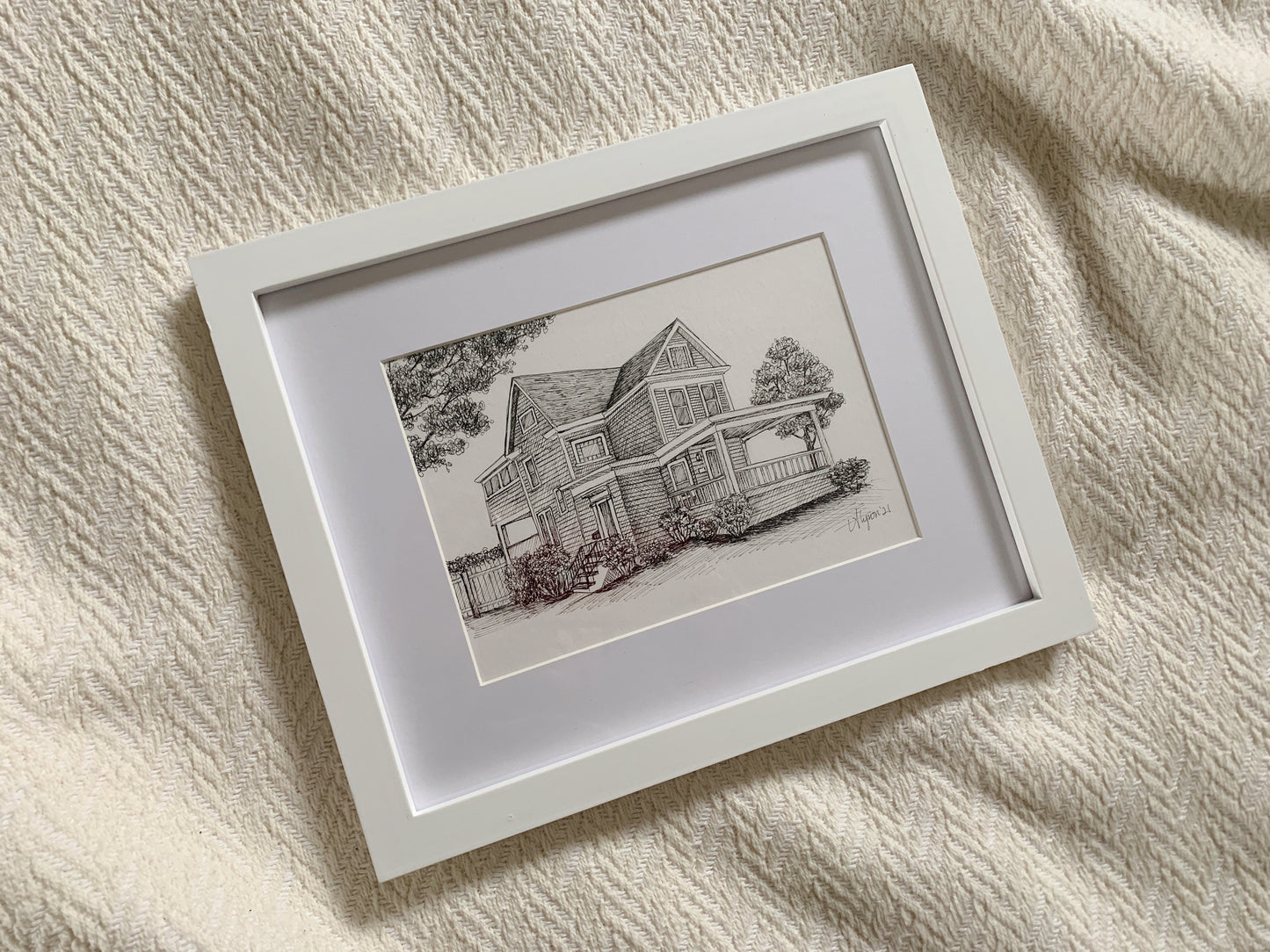 Framed illustration of a custom drawn home by Rust Belt Love