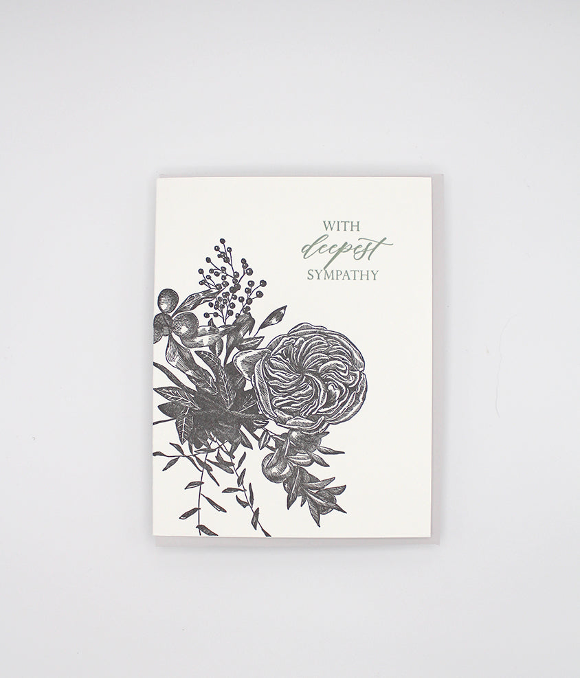 Letterpress sympathy card with florals that says "With deepest sympathy" by Rust Belt Love