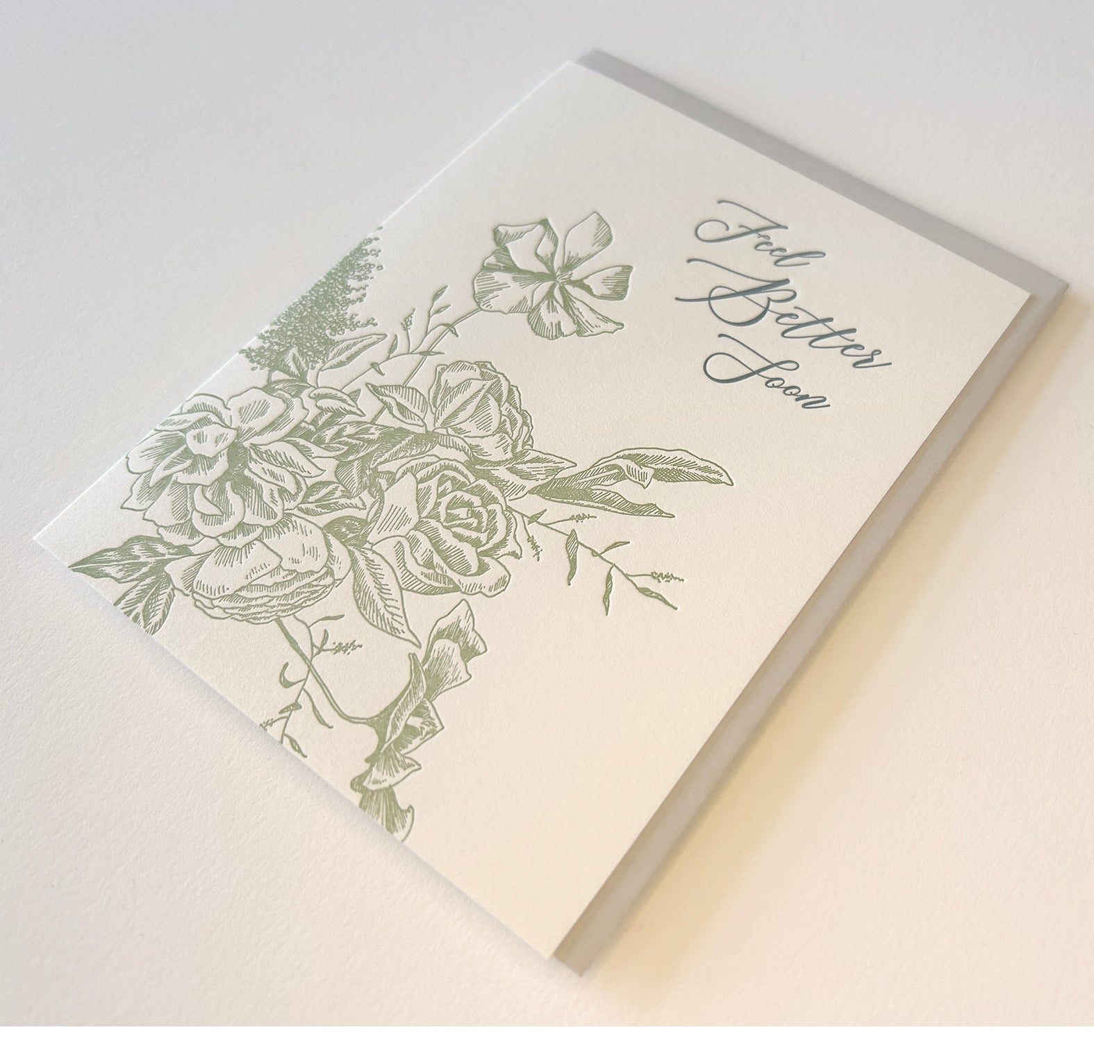 Letterpress sympathy card with florals that says "Feel Better Soon" by Rust Belt Love