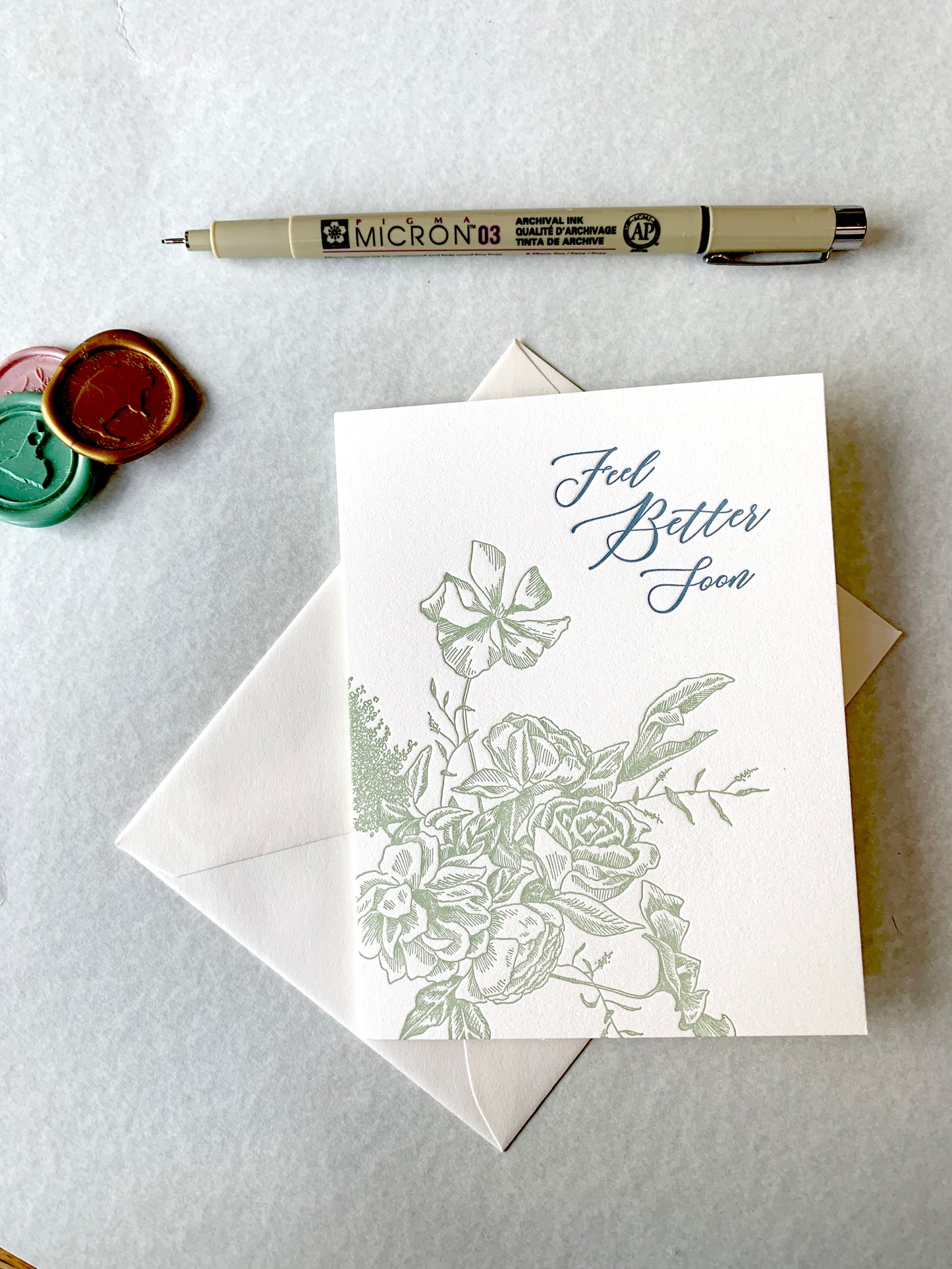 Letterpress sympathy card with florals that says "Feel Better Soon" by Rust Belt Love