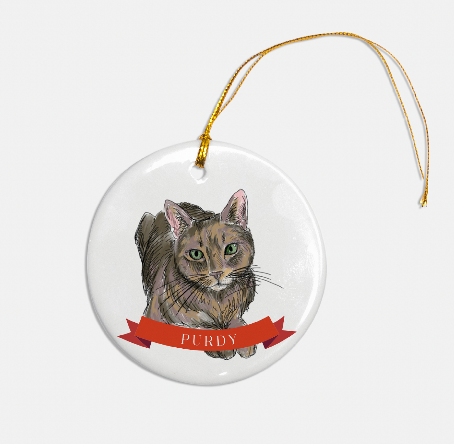 Circular glass ornament with a cat illustration that reads "Purdy" by Rust Belt Love