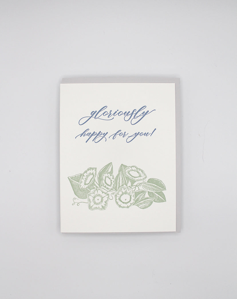 Letterpress congrats card with florals that says " Gloriously happy for you!" by Rust Belt Love