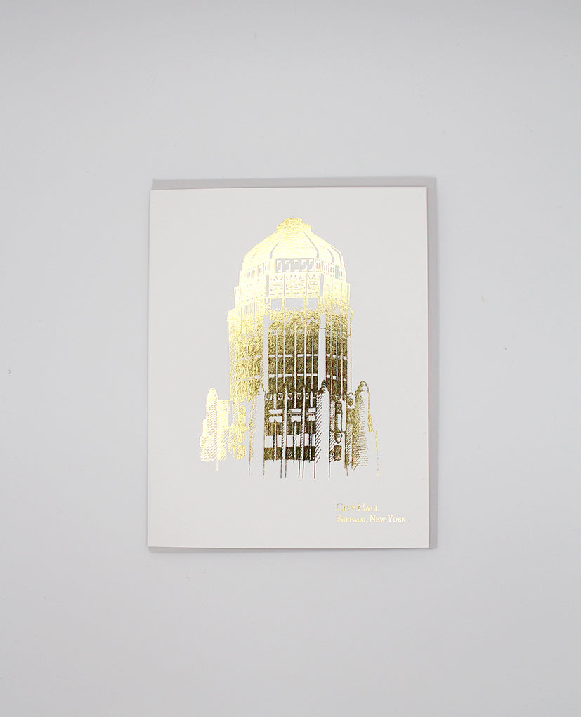 Gold foil digital greeting card with a building illustration that reads"City Hall Buffalo, NY" by Rust Belt Love.