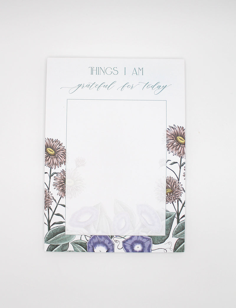 5 by 7 notepad with lined sheets with multi-colored florals that says "Things I am grateful for today" by Rust Belt Love