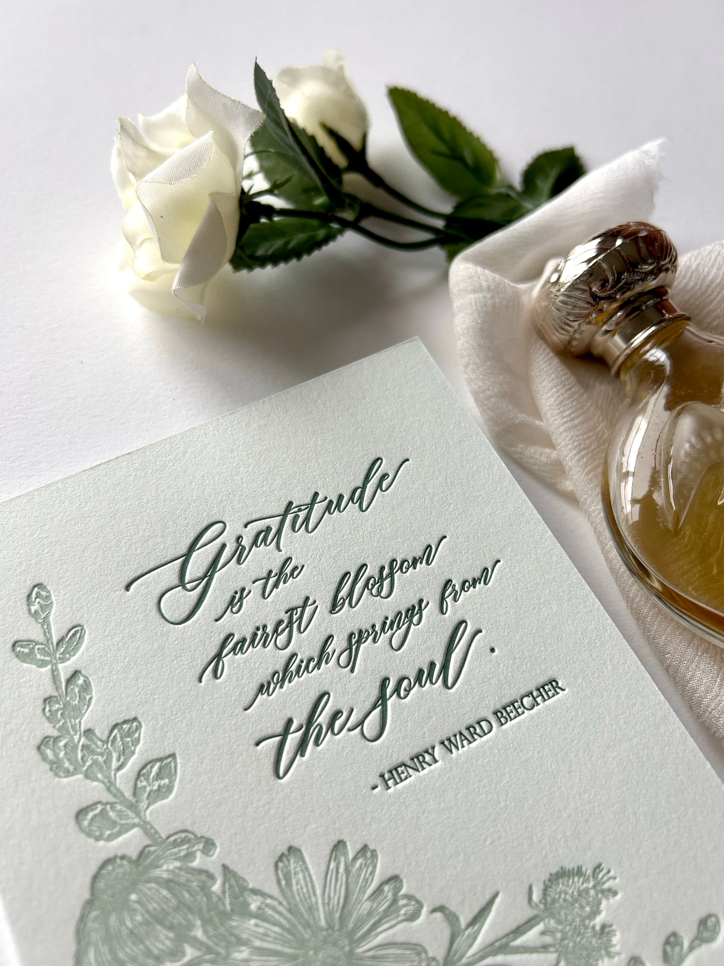 Letterpress gratitude card with florals that says "'Gratitude is the fairest blossom which springs from the soul.'- Henry Ward Beecher" by Rust Belt Love