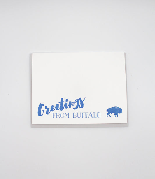 Letterpress card with blue buffalo that reads "Greetings from Buffalo" by Rust Belt Love