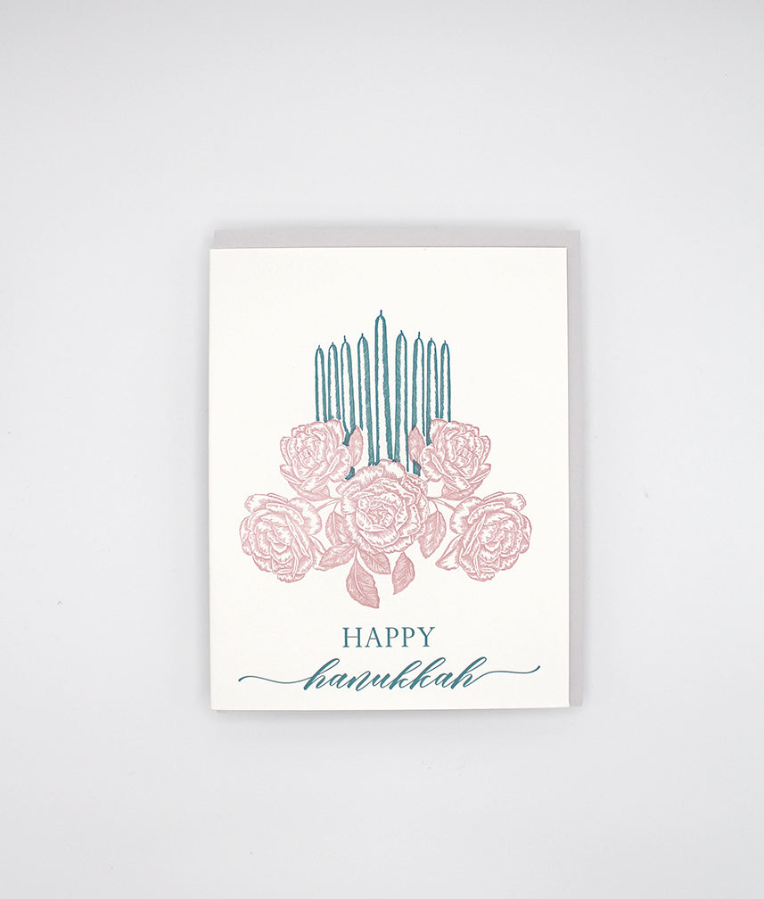 Letterpress holiday card with florals and candles that says "Happy Hanukkah" by Rust Belt Love