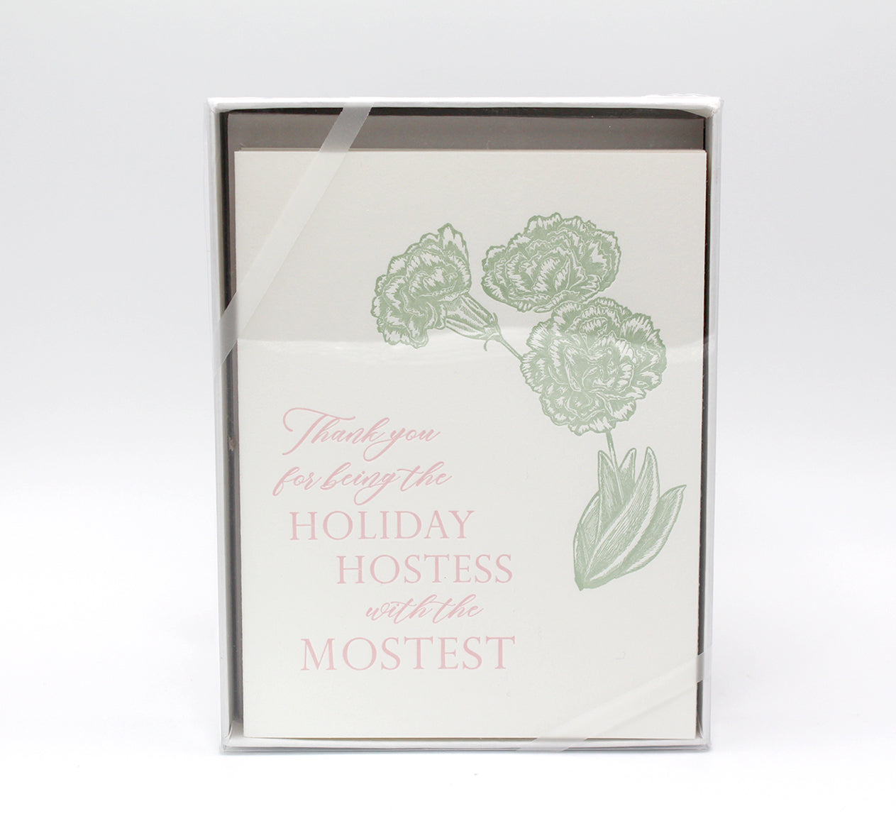 Letterpress holiday card with florals that reads "Thank you for being the holiday hostess with the mostess" by Rust Belt Love