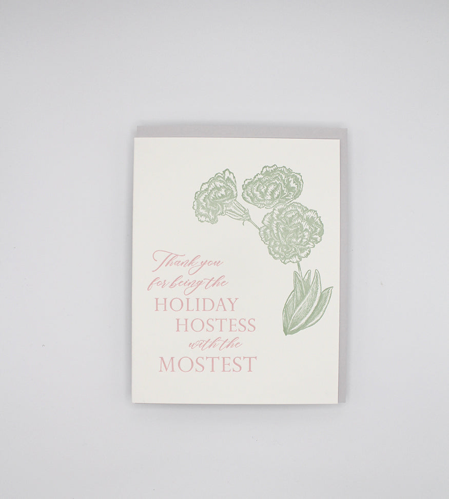 Letterpress holiday card with florals that reads "Thank you for being the holiday hostess with the mostess" by Rust Belt Love