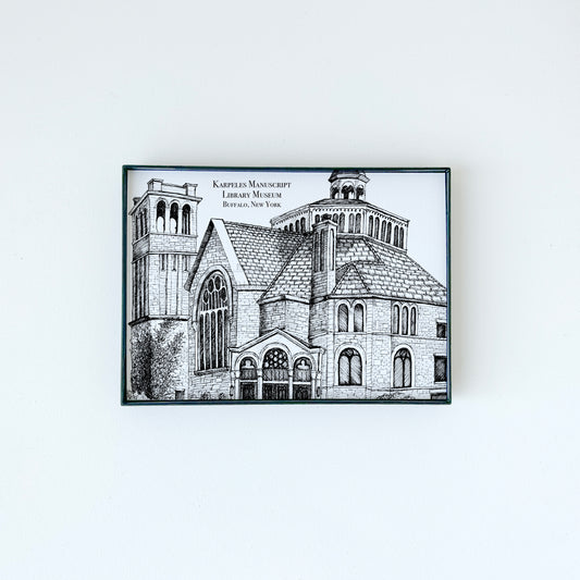 Karpeles Manuscript Library Museum illustration in black ink on white paper by Rust Belt Love