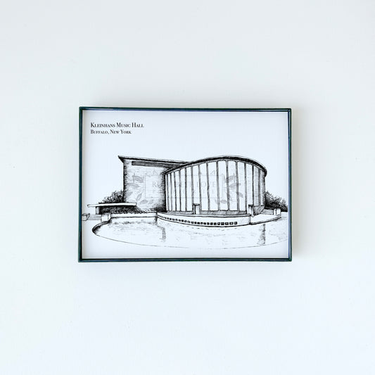 Kleinhan's Music Hall illustration in black ink on white paper by Rust Belt Love