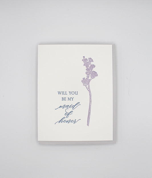 Letterpress wedding card with florals that says " Will You Be My Maid of Honor" by Rust Belt Love