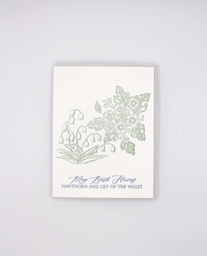 Letterpress birthday card with green florals that reads "May birth flowers hawthorn and lily of the valley" by Rust Belt Love