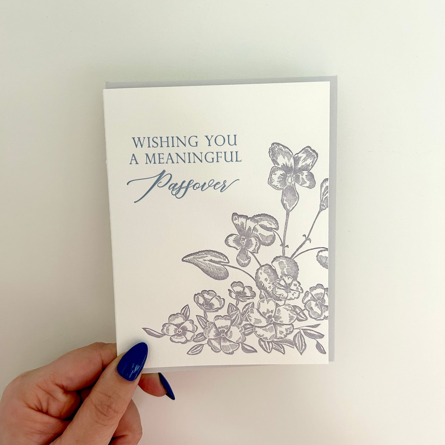 Letterpress Passover card with flowers that says " Wishing You A Meaningful Passover" by Rust Belt Love