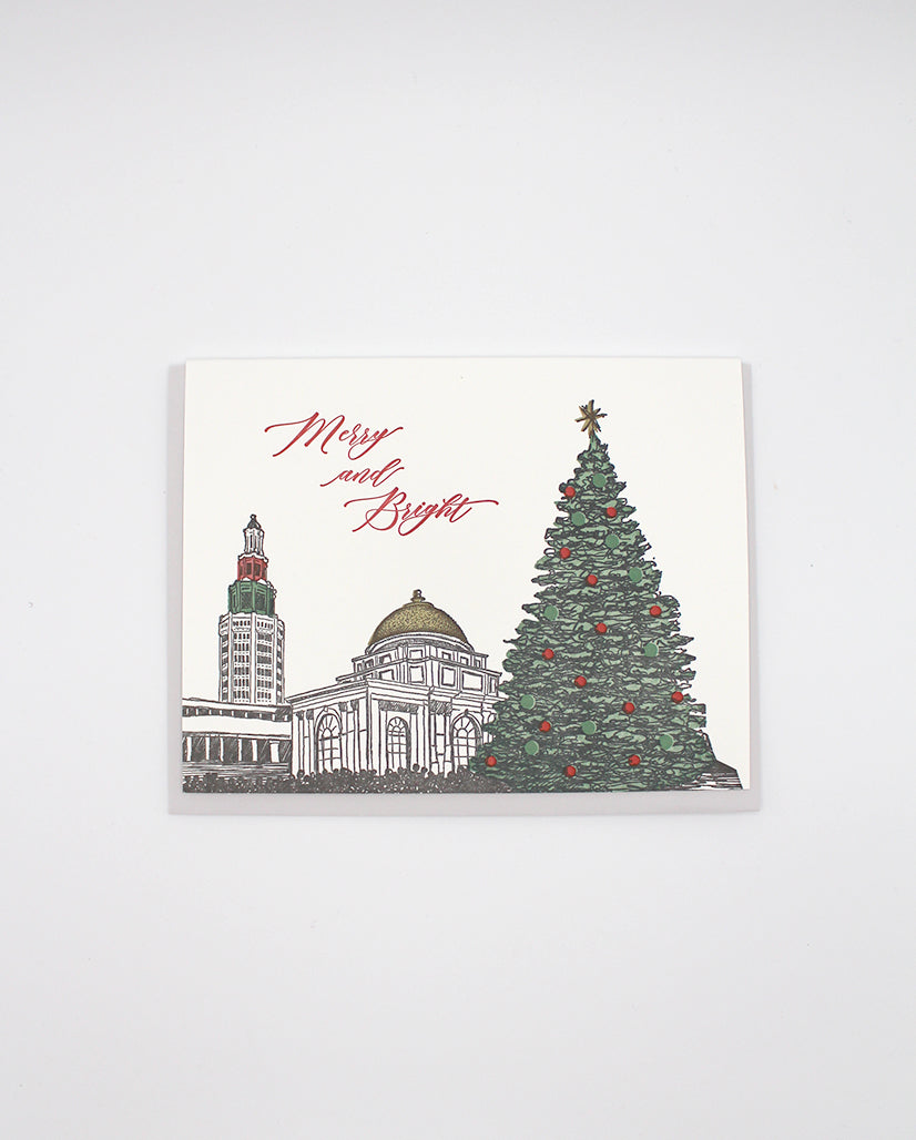 Letterpress holiday card with buffalo landmarks on it that reads "merry and bright" from Rust Belt Love