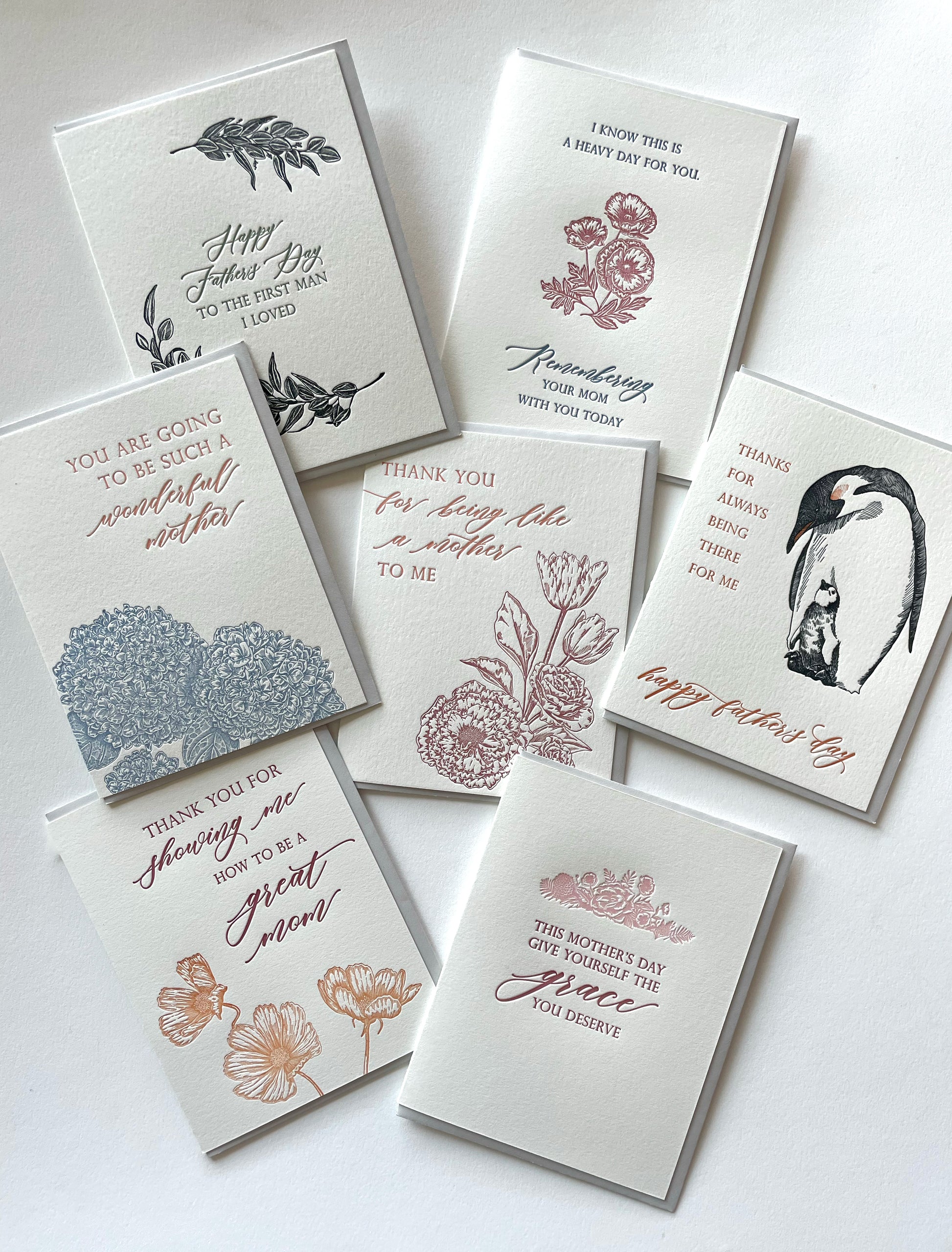 A variety of mother's and father's day letterpress greeting cards by Rust Belt Love