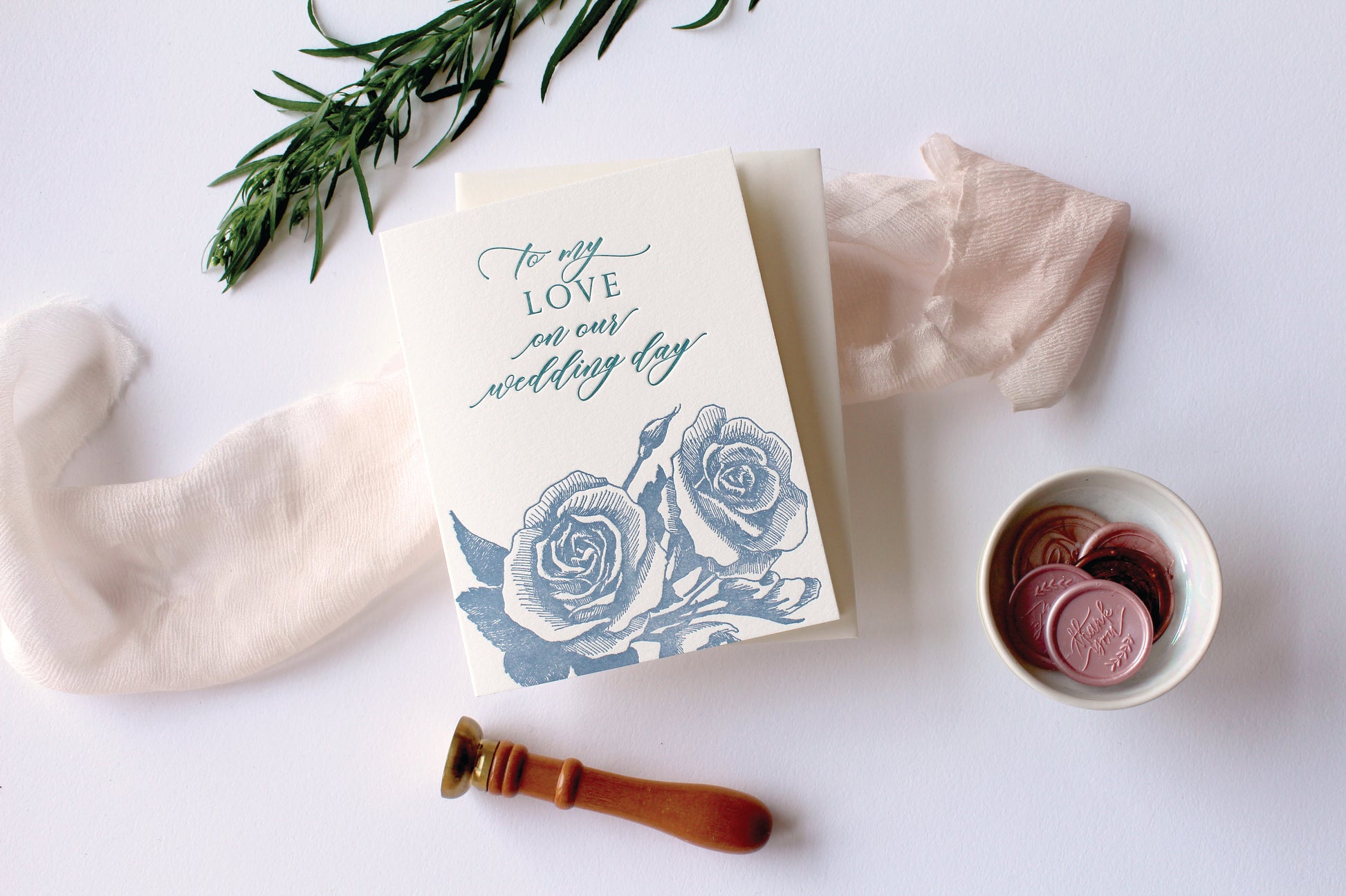 Letterpress wedding card with florals that says "to my love on our wedding day" by Rust Belt Love