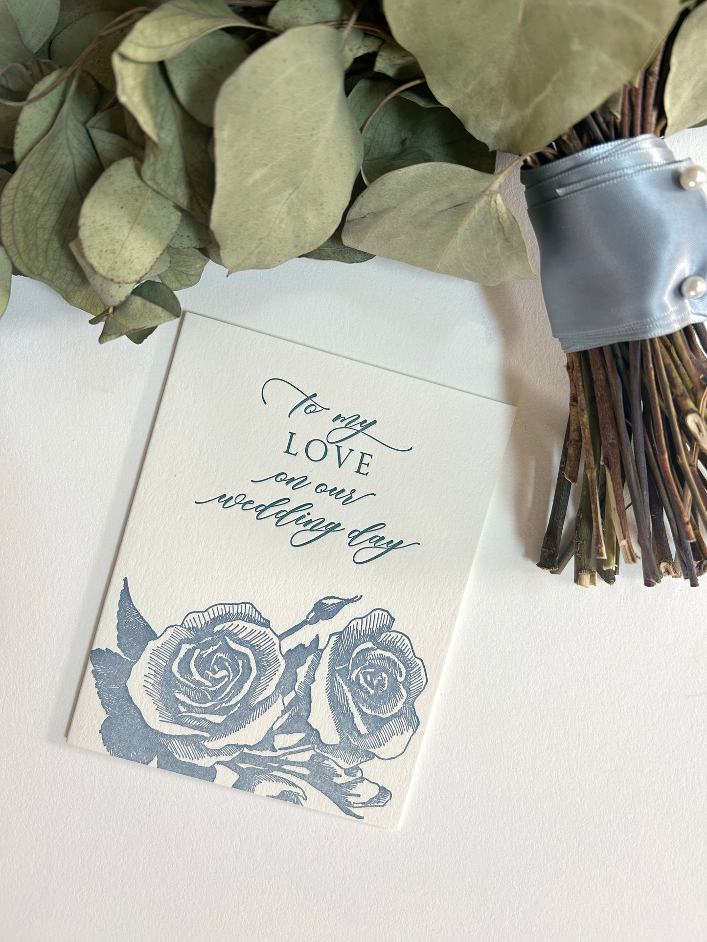 Letterpress wedding card with florals that says "to my love on our wedding day" by Rust Belt Love