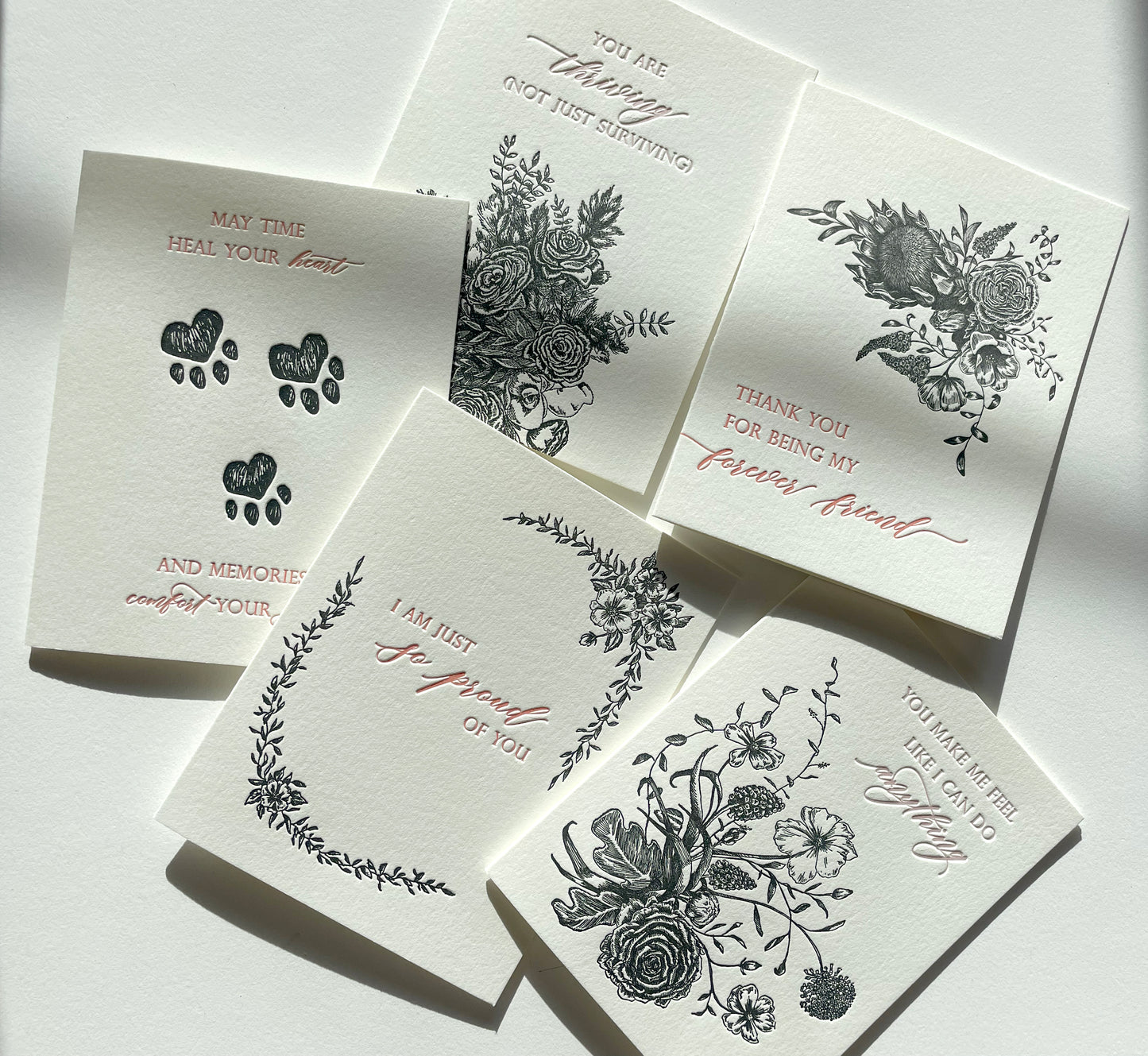 A variety of Rust Belt Love's floral letterpress greeting cards from their noir collection