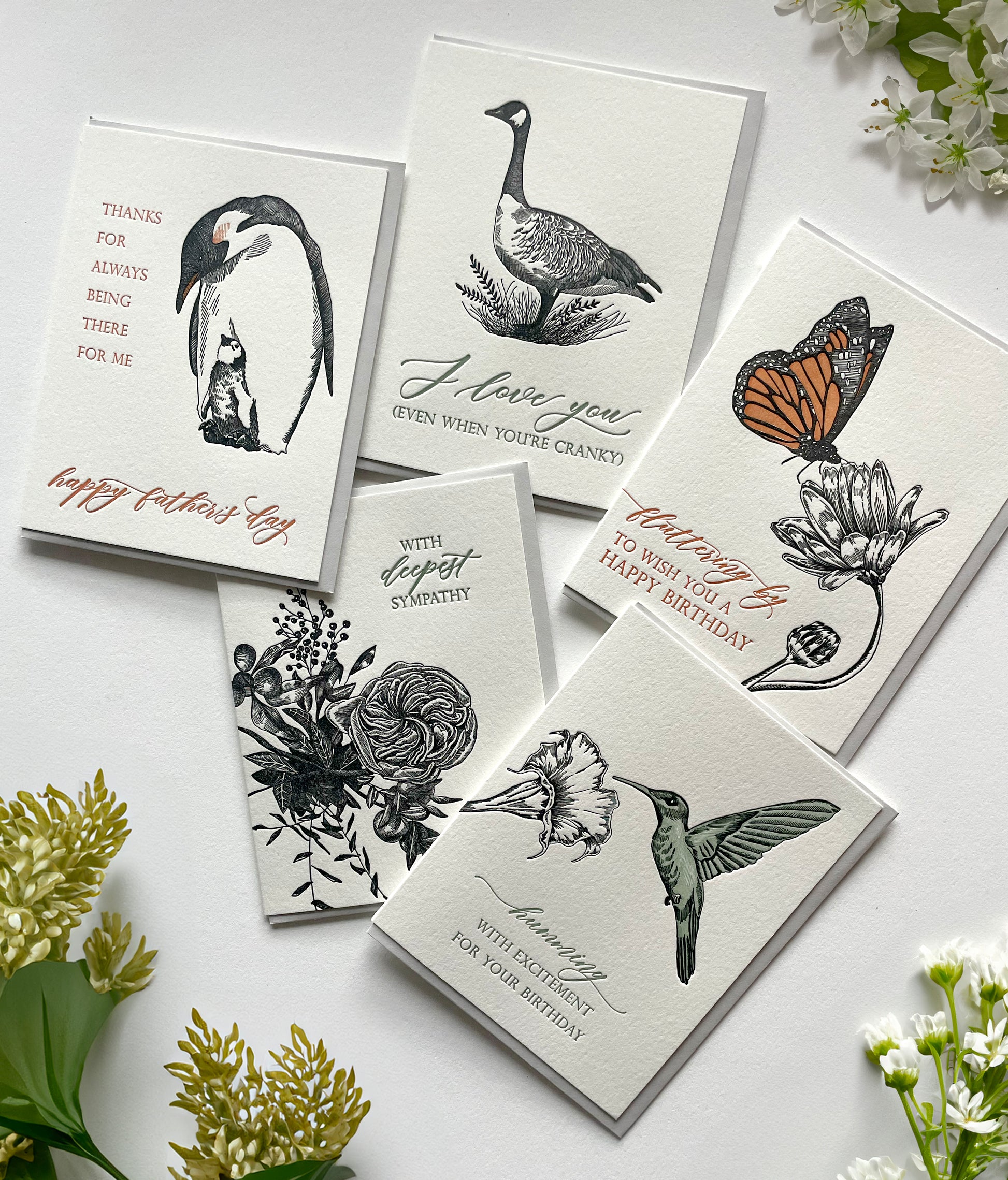 A variety of noir letterpress floral greeting cards by Rust Belt Love