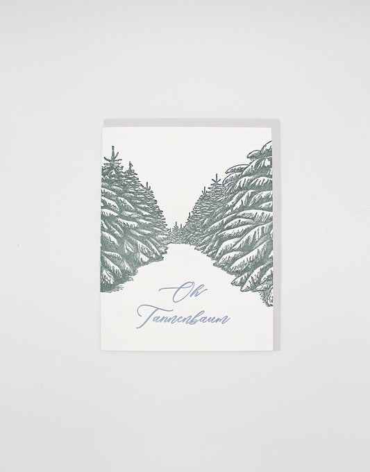 Letterpress holiday card with trees that says "Oh tannenbaum" by Rust Belt Love