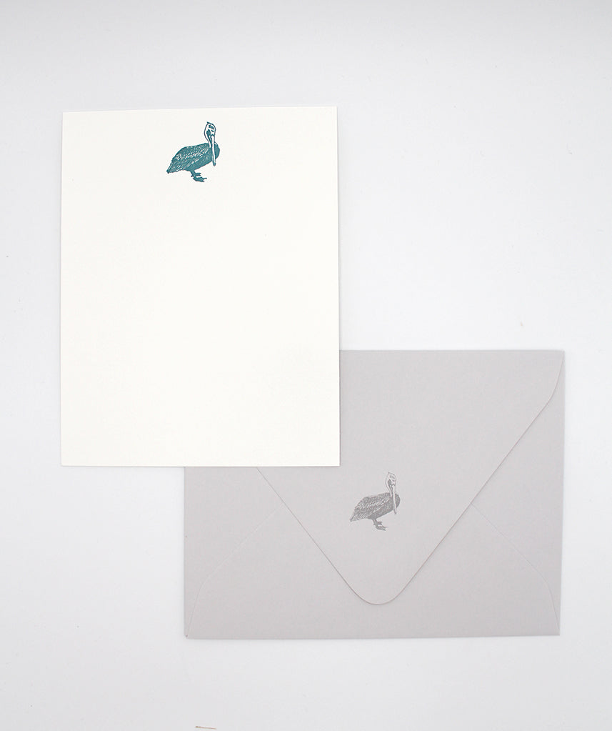 Letterpress flat note card with a teal pelican by Rust Belt Love