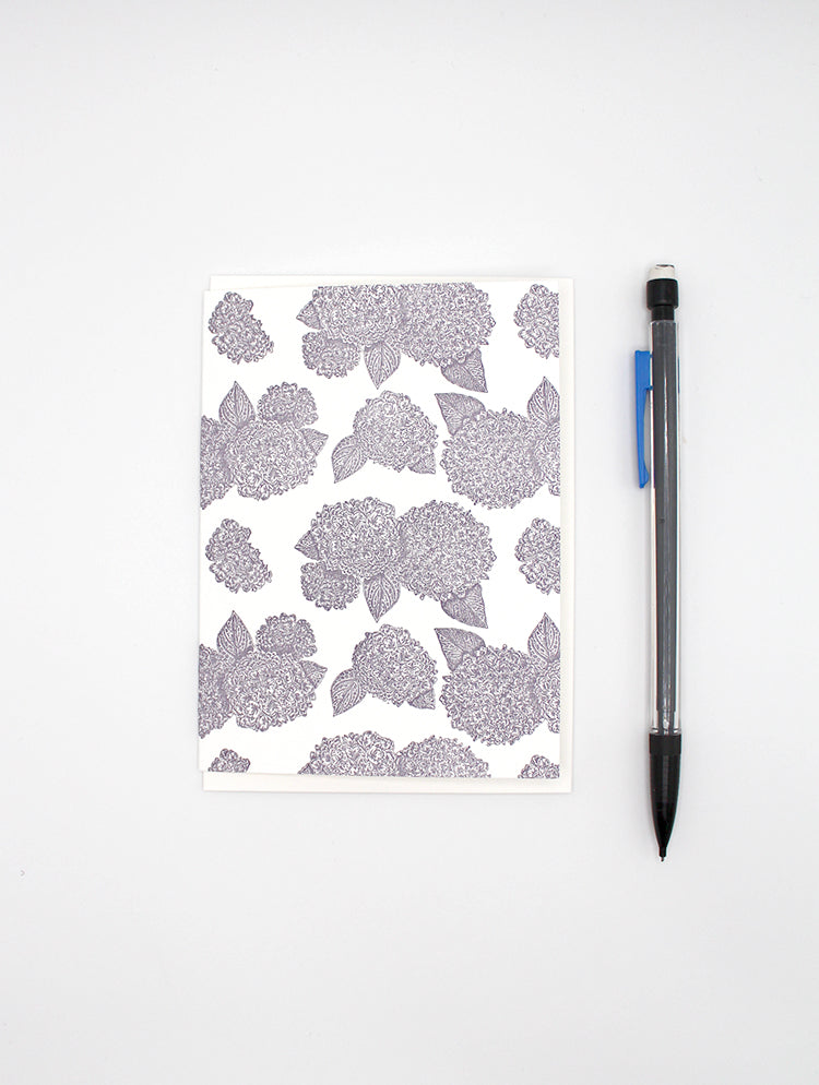 Purple hydrangea patterned small card by Rust Belt Love, shown with pencil for size reference