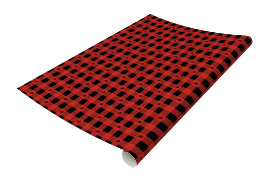 Red and black plaid printed wrapping paper with buffalo illustrations by Rust Belt Love