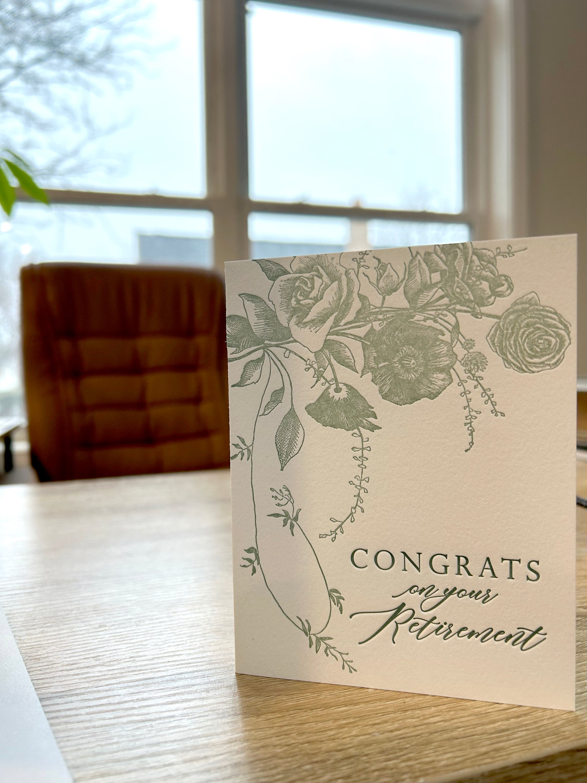 Letterpress retirement card with florals that says " Congrats on Your Retirement" by Rust Belt Love