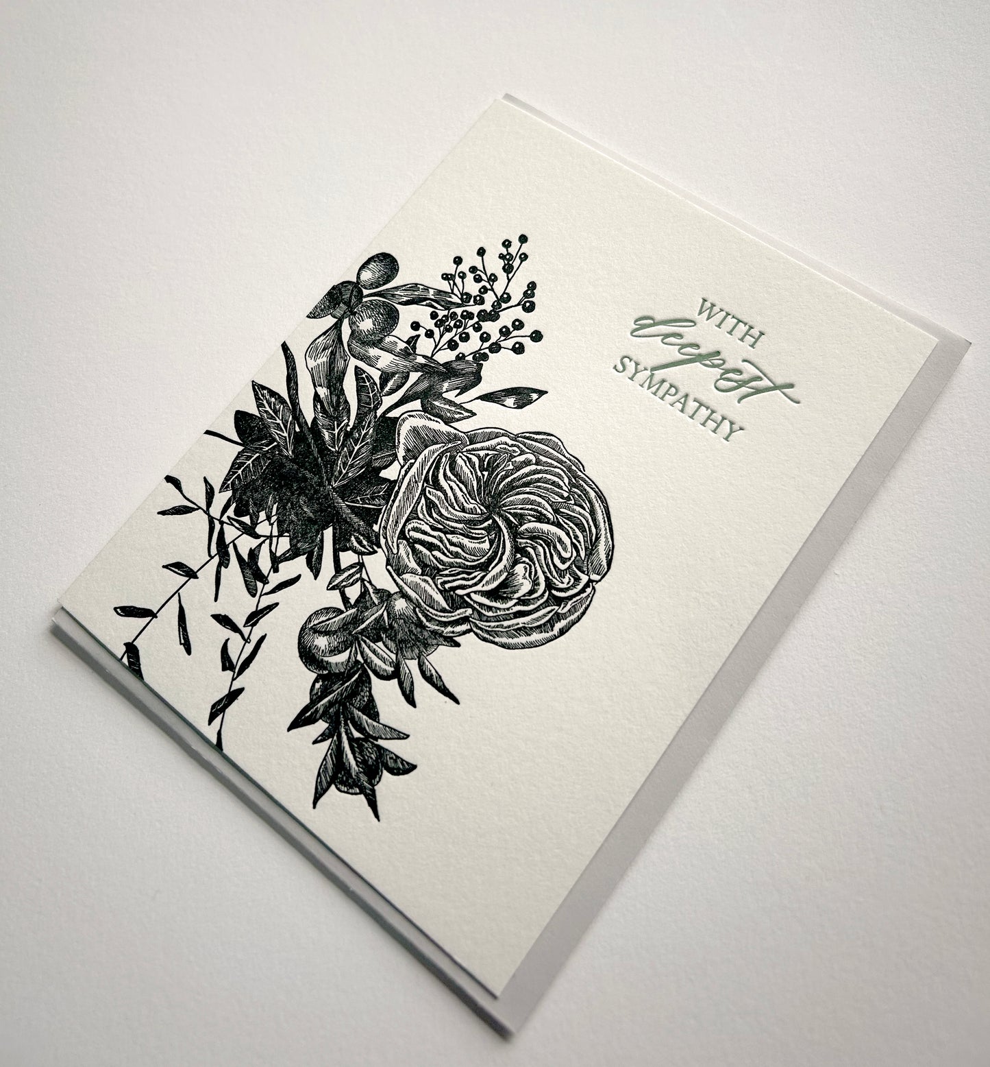 Letterpress sympathy card with florals that says "With deepest sympathy" by Rust Belt Love