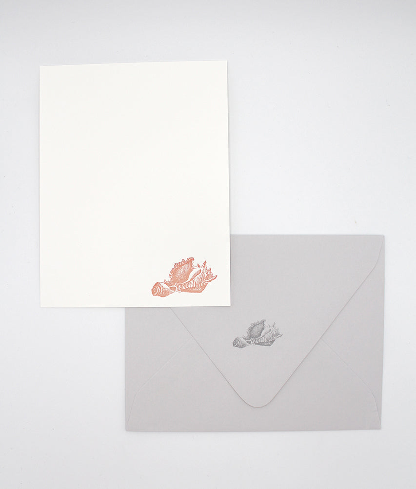 Letterpress flat note card with a peach seashell by Rust Belt Love