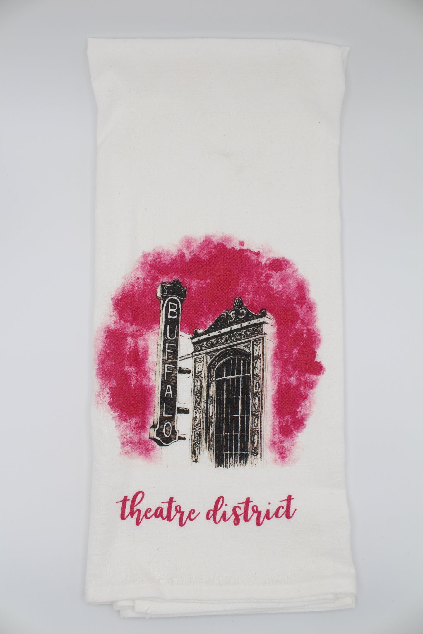 White Tea Towel with Shea's illustration that says "theatre district" by Rust Belt Love