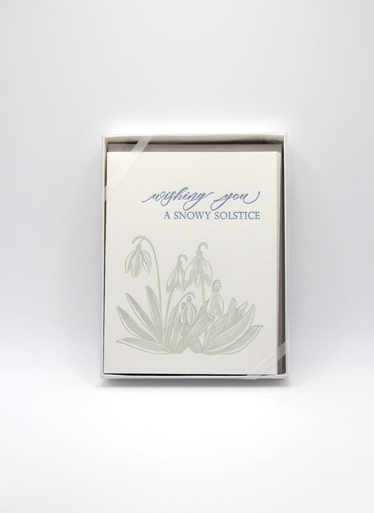 Box of letterpress holiday cards with green florals that reads "wishing you a snowy solstice" by Rust Belt Love